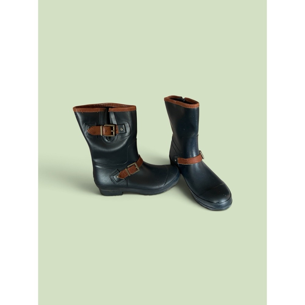 Sperry Women Waterproof Rubber Rain Boot Black Brown Mid-Calf Buckle 8 STS93813